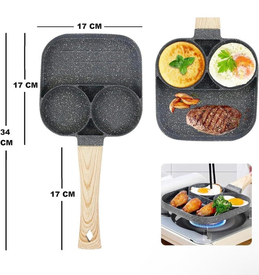 3 In 1 Non-Stick Egg Frying Pan with Detachable Wooden Handle | Breakfast Cooking Pan