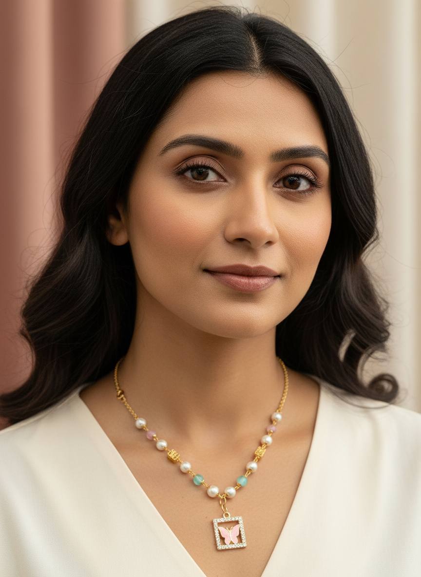 Elegant Pearl & Stone Butterfly Pendant Necklace – Gold Plated