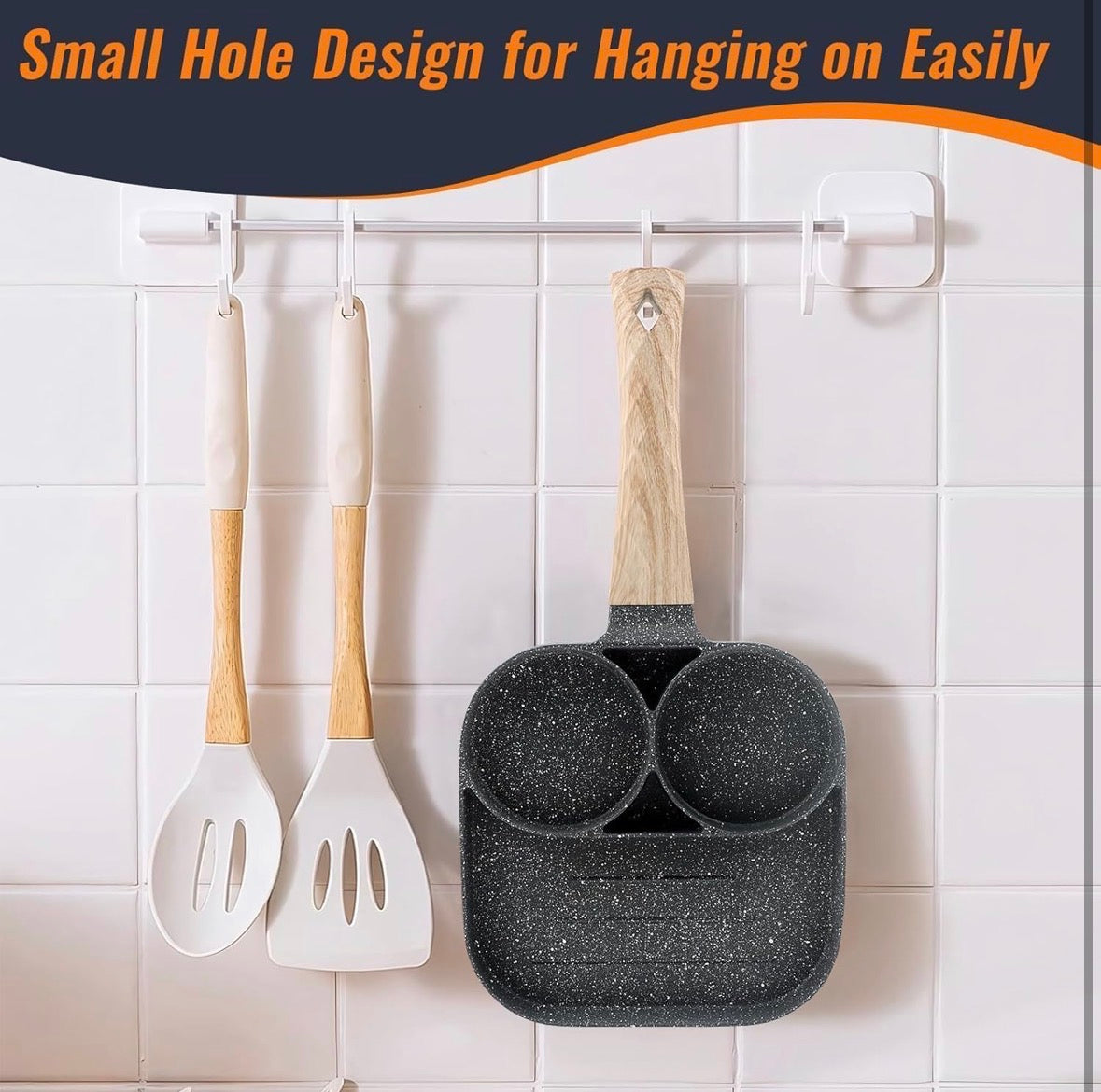 3 In 1 Non-Stick Egg Frying Pan with Detachable Wooden Handle | Breakfast Cooking Pan