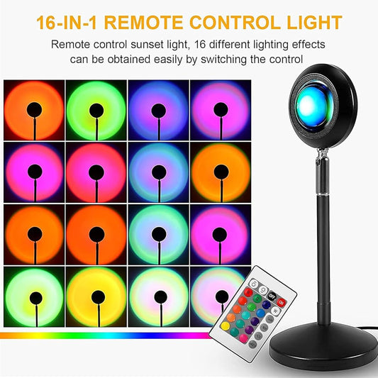 16 Color LED Sunset Projection Lamp with Remote Control – Adjustable RGB Ambient Light for Room, Photography & Home Décor
