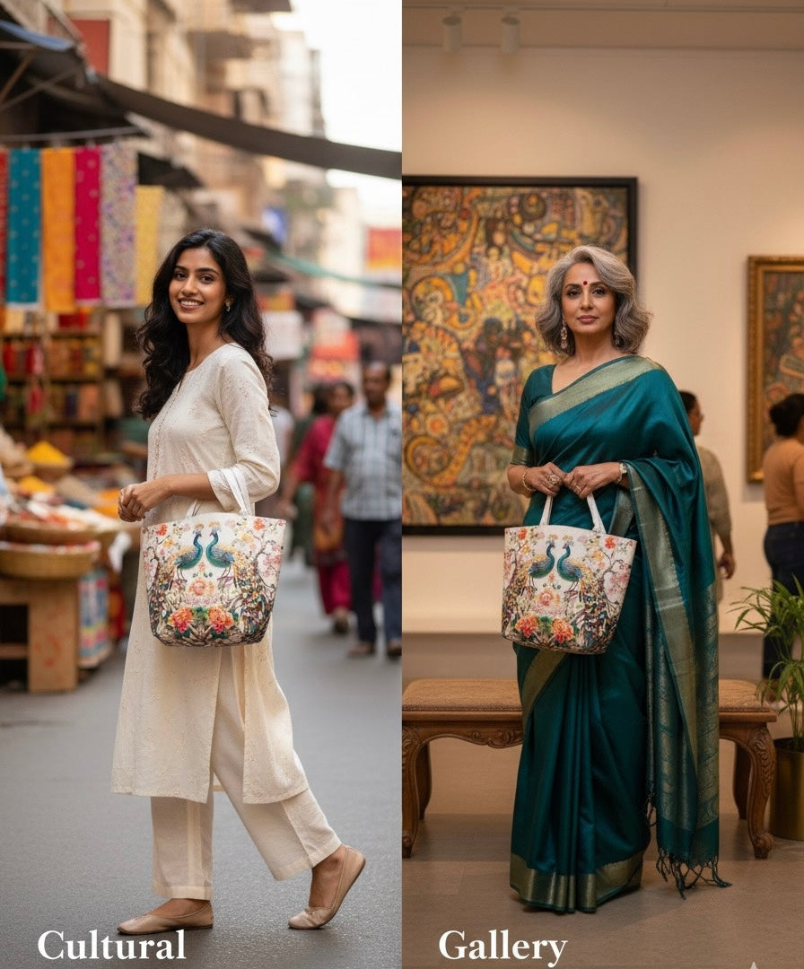 π¦ Imperial Peacock & Floral Embroidery-Style Tote Bag