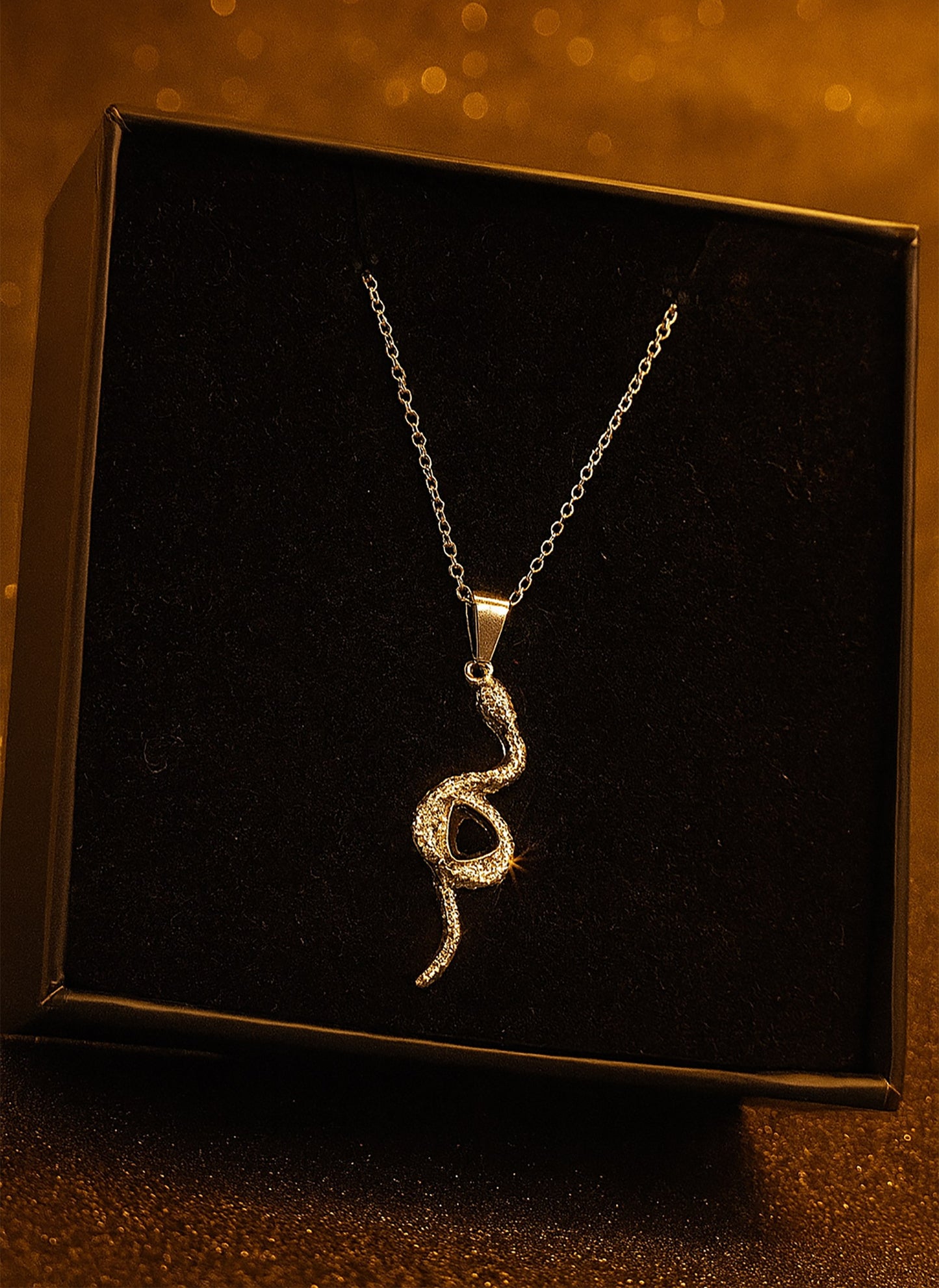 Silver Snake Pendant Necklace with Black Stone – Fashion Jewelry