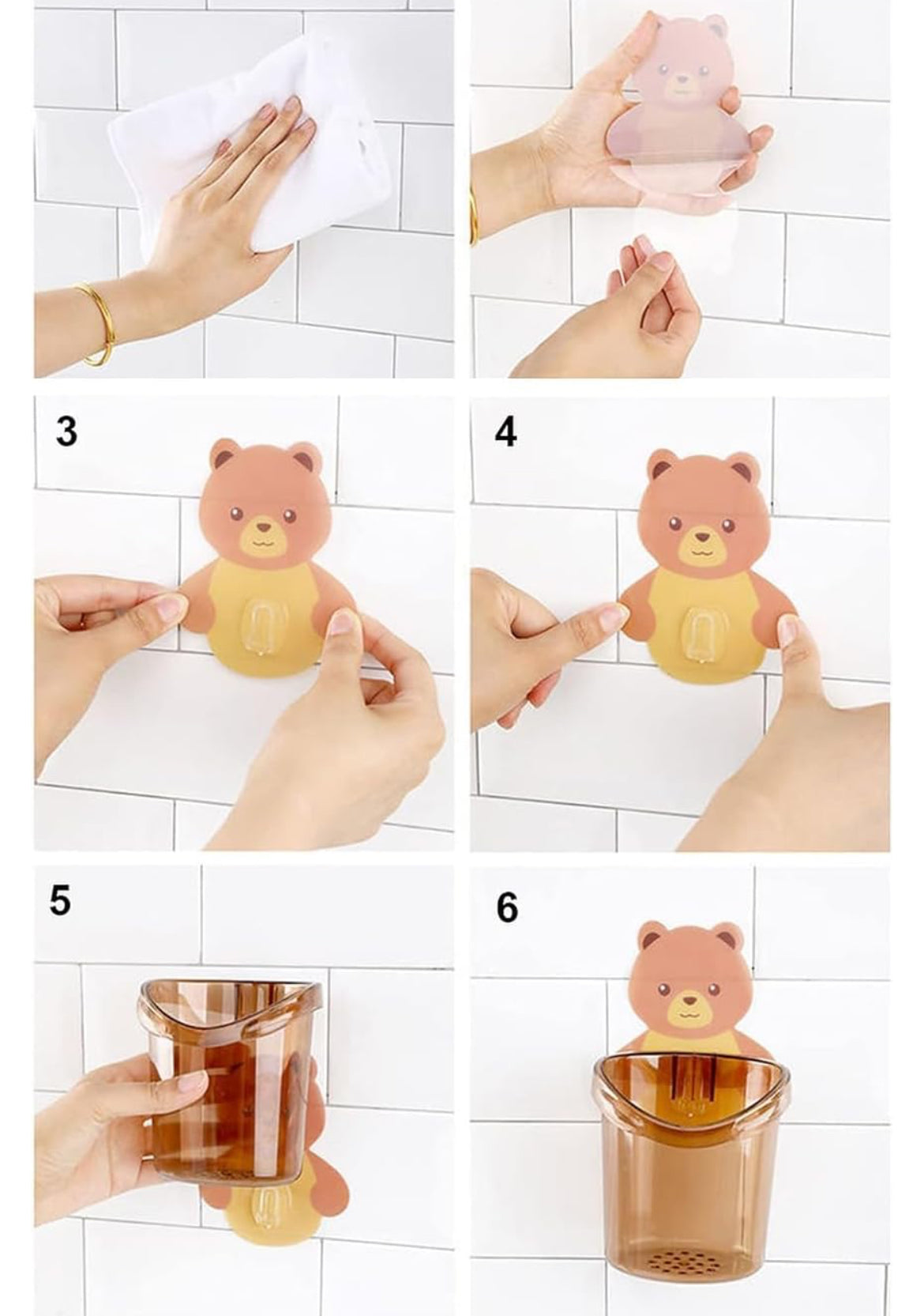 Cute Bear Wall Mounted Storage Holder – Multi-Purpose Bathroom & Kitchen Organizer | Self-Adhesive Drain Cup for Brushes, Toothbrush, Sponges (4 PCS SET)