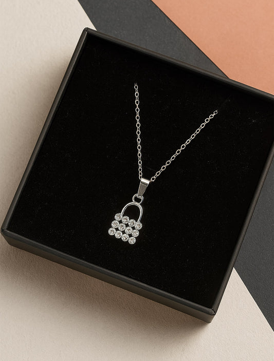 2-in-1 Pendant Necklace Combo – Square Crystal & Lock Design (Silver-Tone)