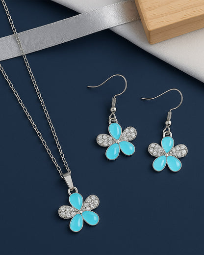 Blue Flower Pendant Necklace & Earrings Set – Silver-Tone Fashion Jewelry
