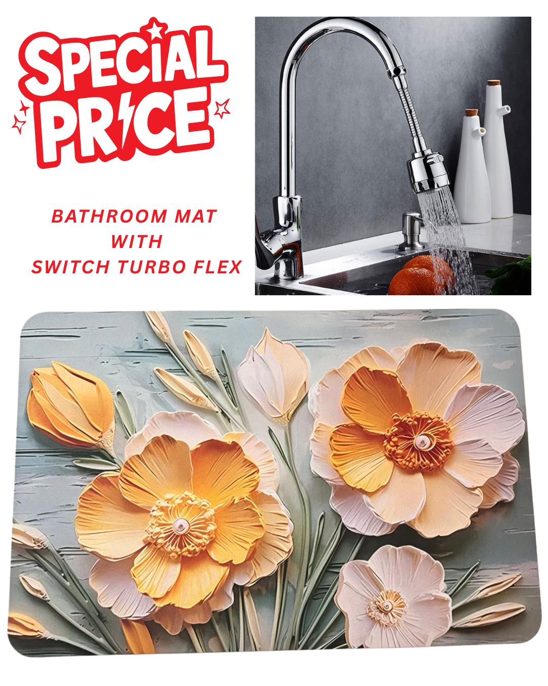 Premium Bathroom Mat (5 Designs) + Turbo Flex Tap Nozzle Combo
