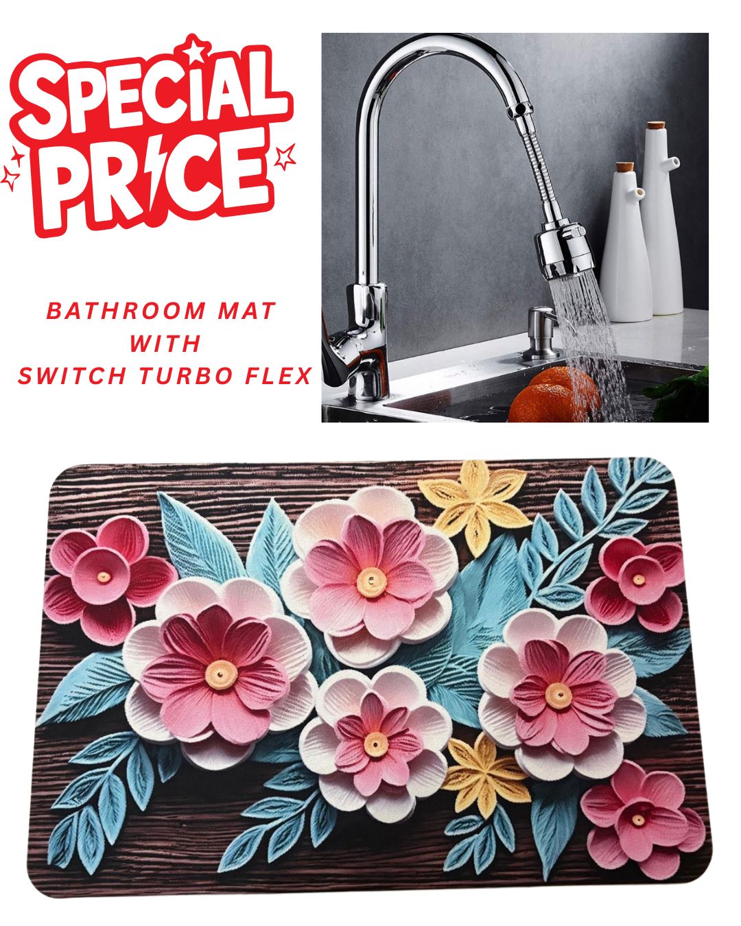 Premium Bathroom Mat (5 Designs) + Turbo Flex Tap Nozzle Combo