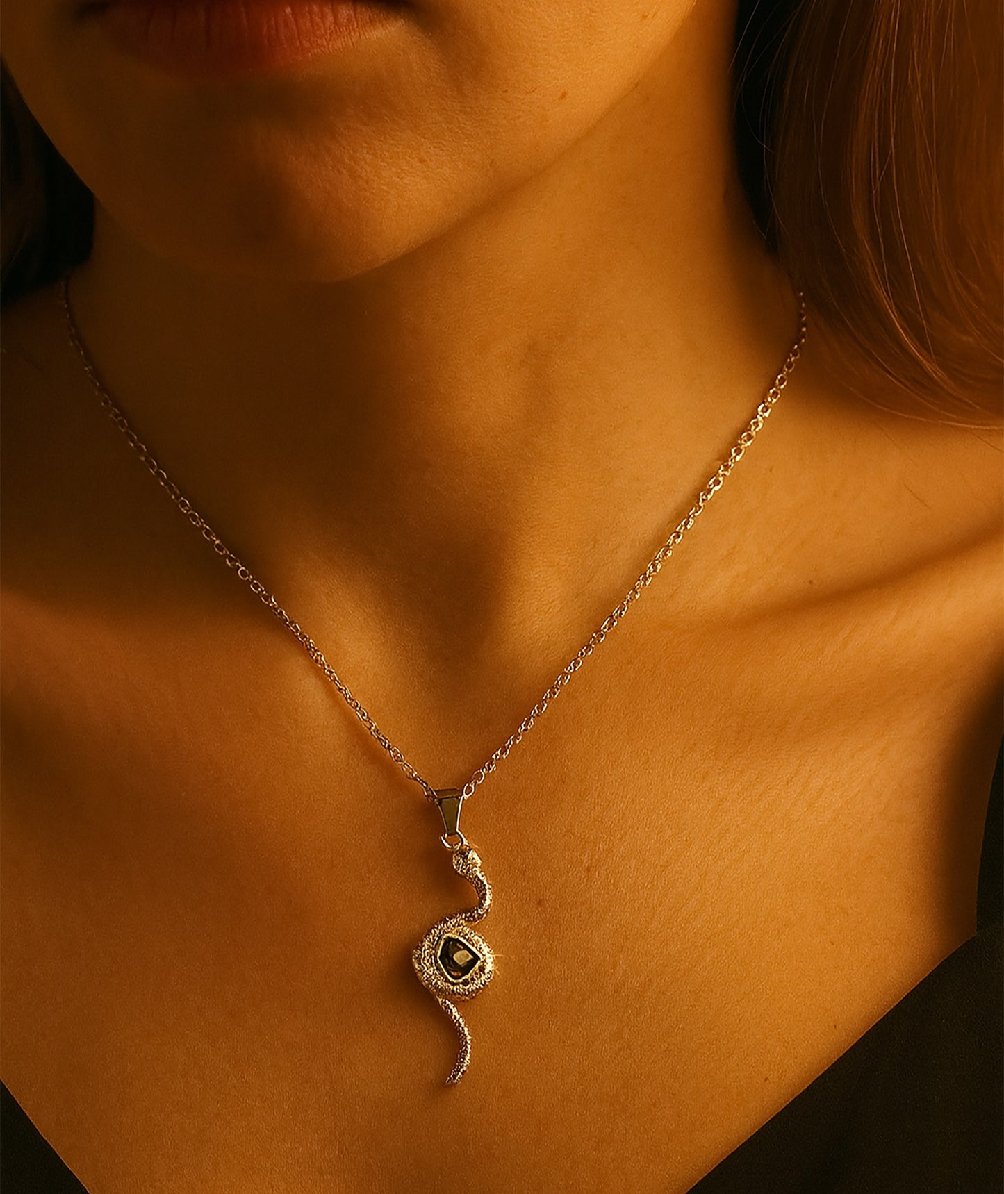 Silver Snake Pendant Necklace with Black Stone – Fashion Jewelry