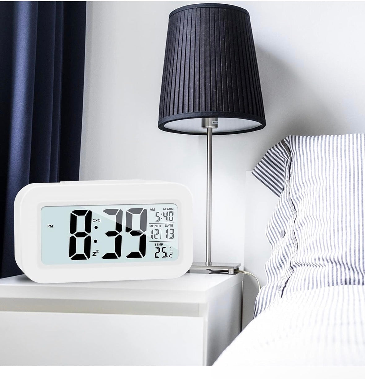 Rectangle Digital Alarm Clock – White | Smart Backlight, Date & Indoor Temperature Display | Battery Operated LCD Table Alarm Clock