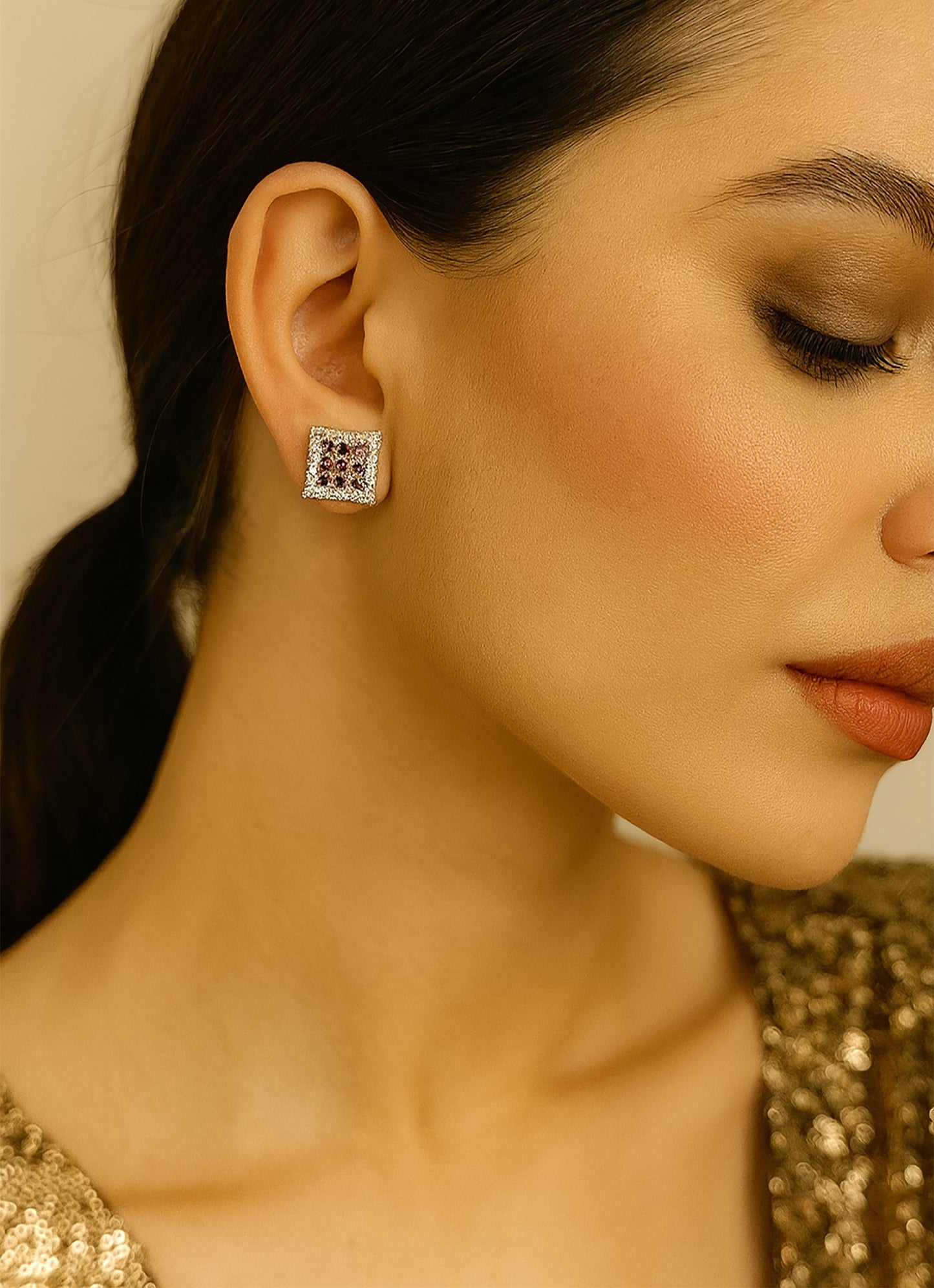 Combo of 4 Square Crystal Stud Earrings – Multi-Colour Set (Silver-Tone)