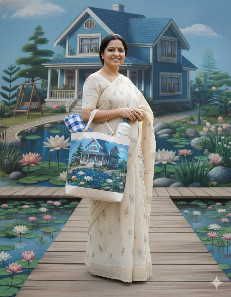 🏡 Lakeside Cottage Scene Canvas Tote Bag