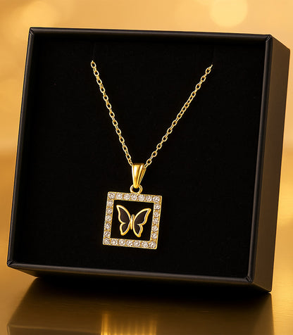 Elegant Gold-Plated Butterfly Square Pendant Necklace