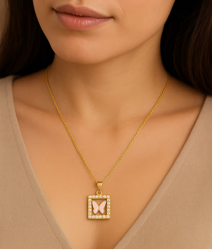 Elegant Gold-Plated Butterfly Square Pendant Necklace