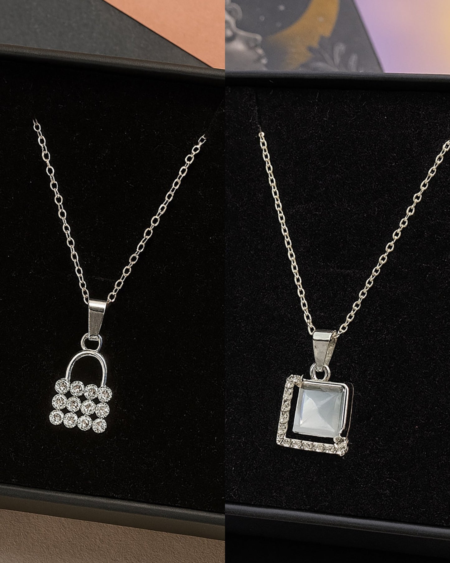 2-in-1 Pendant Necklace Combo – Square Crystal & Lock Design (Silver-Tone)