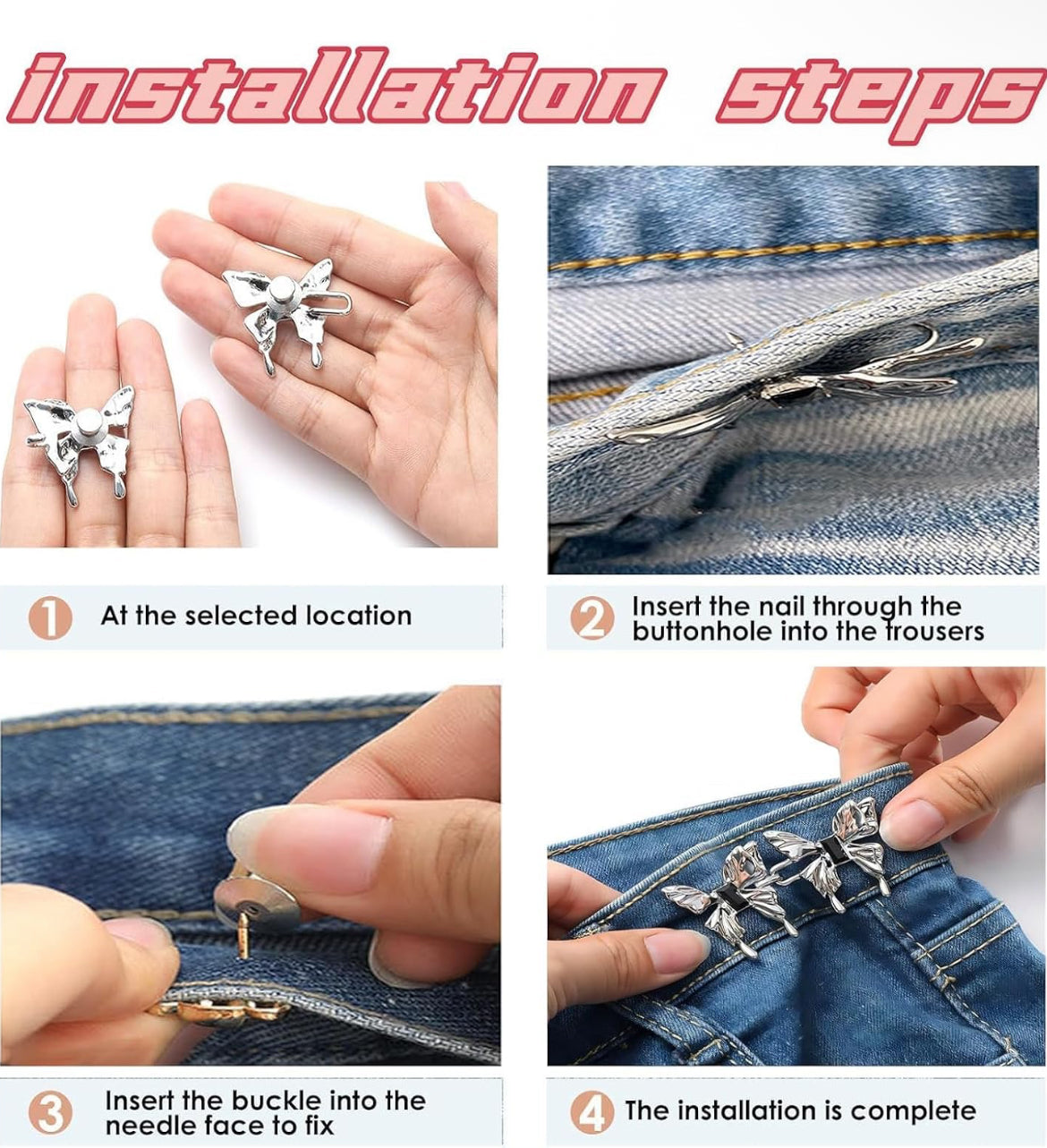 Butterfly Adjustable Waist Buckle Clip for Jeans – No Sewing Instant Waist Tightener