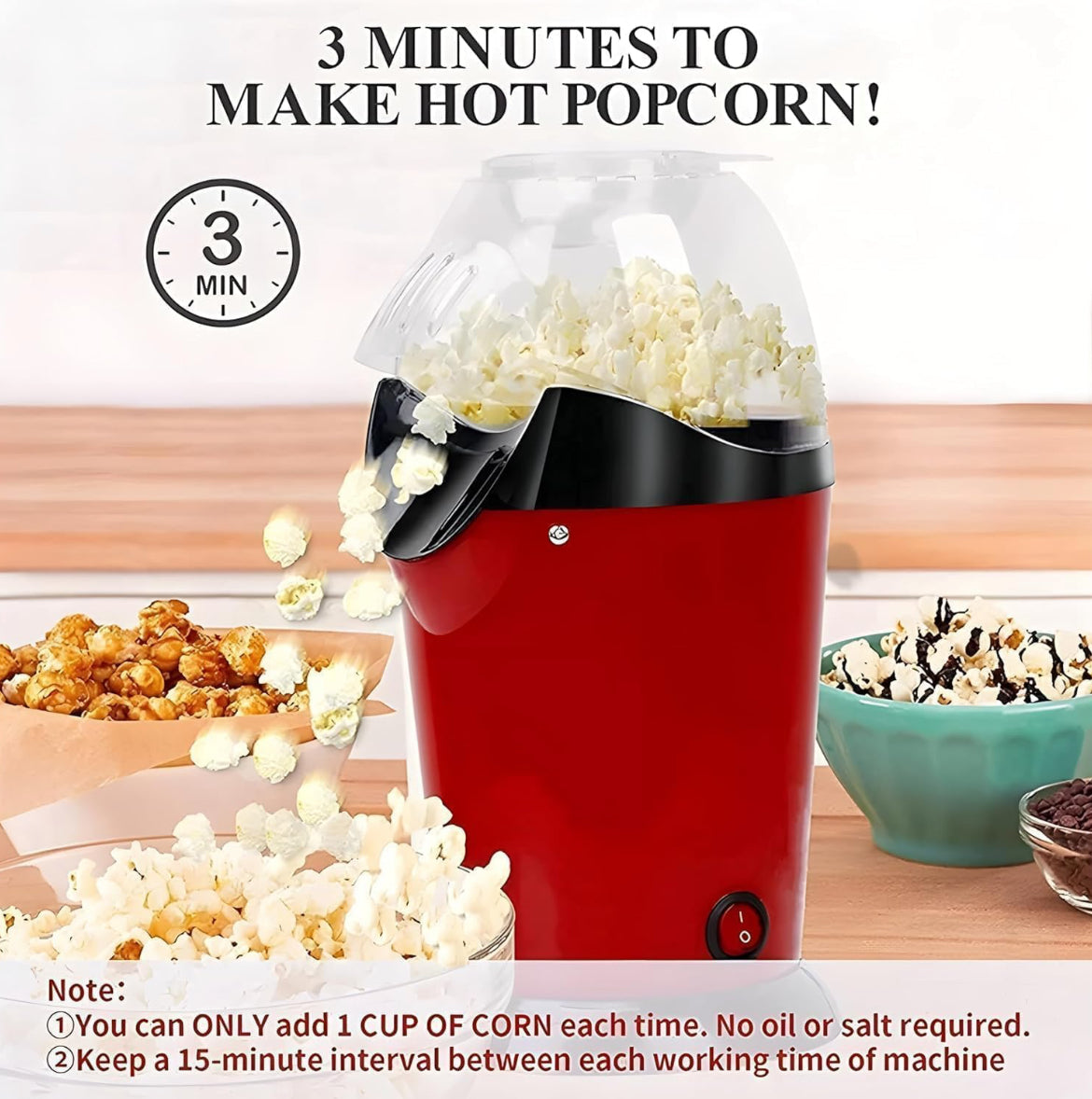 Hot Air Popcorn Maker Machine – Oil-Free, Fast 3-Min Popcorn Maker | Home Snack Maker