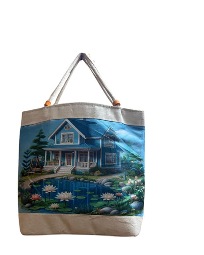 🏡 Lakeside Cottage Scene Canvas Tote Bag