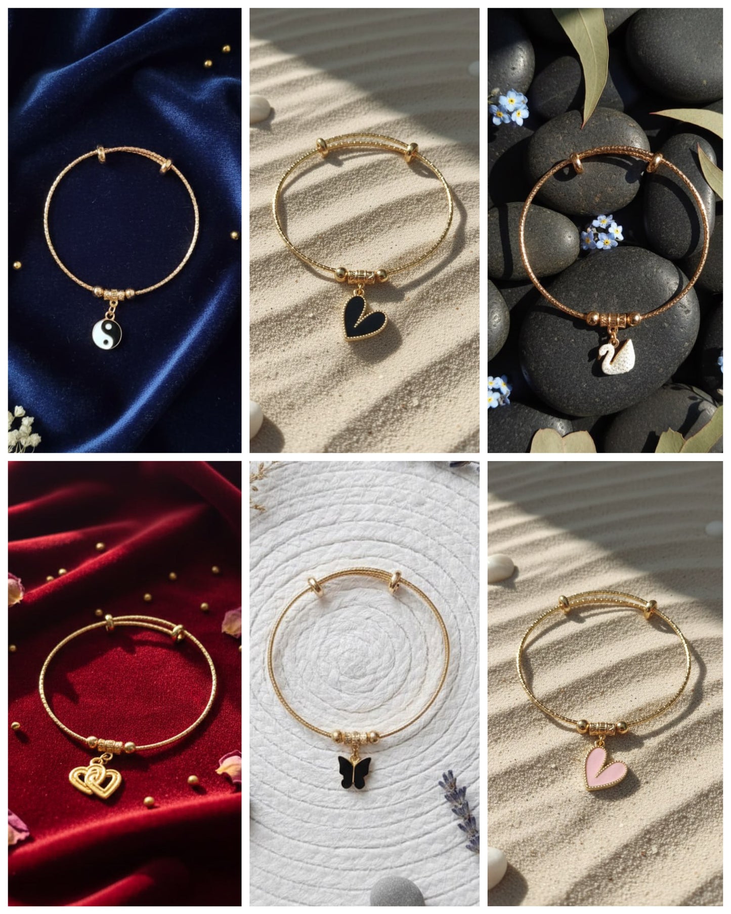 6 in 1 Charm Bracelet Set for Women | Gold Tone Adjustable Bangle Bracelets with Heart Butterfly Swan Yin Yang Charms | Fashion Jewelry Gift Set