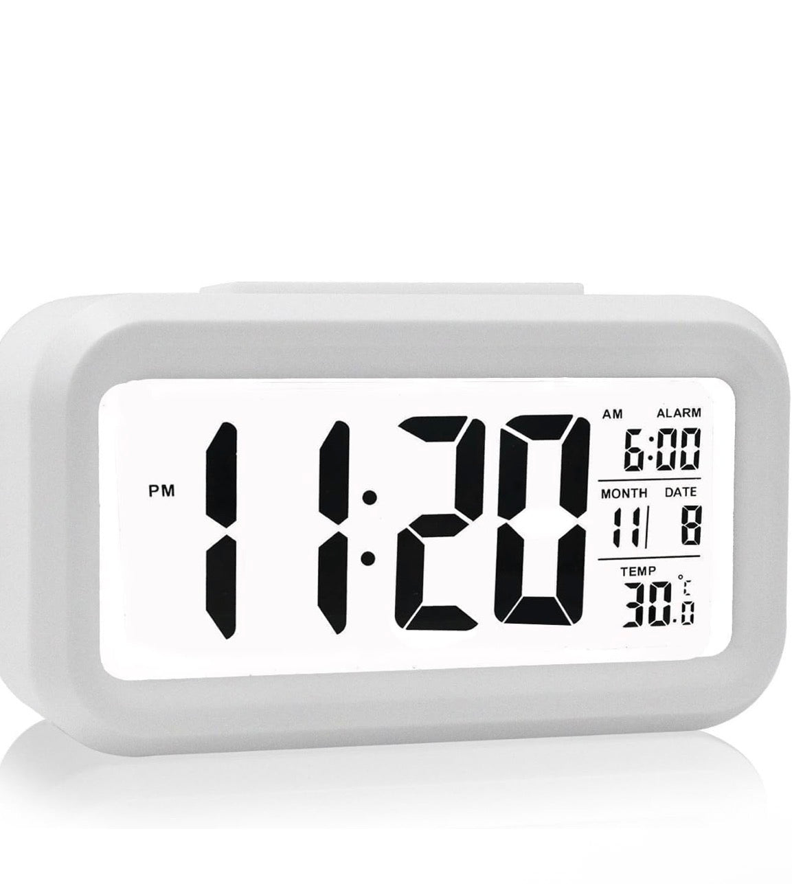 Rectangle Digital Alarm Clock – White | Smart Backlight, Date & Indoor Temperature Display | Battery Operated LCD Table Alarm Clock