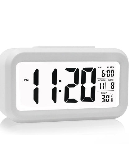 Rectangle Digital Alarm Clock – White | Smart Backlight, Date & Indoor Temperature Display | Battery Operated LCD Table Alarm Clock