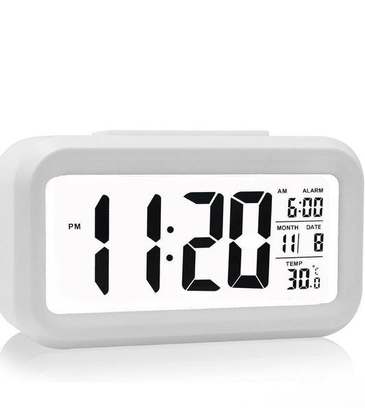 Rectangle Digital Alarm Clock – White | Smart Backlight, Date & Indoor Temperature Display | Battery Operated LCD Table Alarm Clock