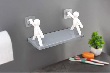 Wall Mounted Adhesive Storage Shelf with Cute Figure Holders for Kitchen & Bathroom (2 PCS SET)