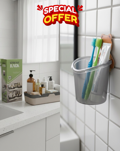 2-in-1 Bathroom Storage Combo – Wall Toothbrush Holder + Multipurpose Storage Rack