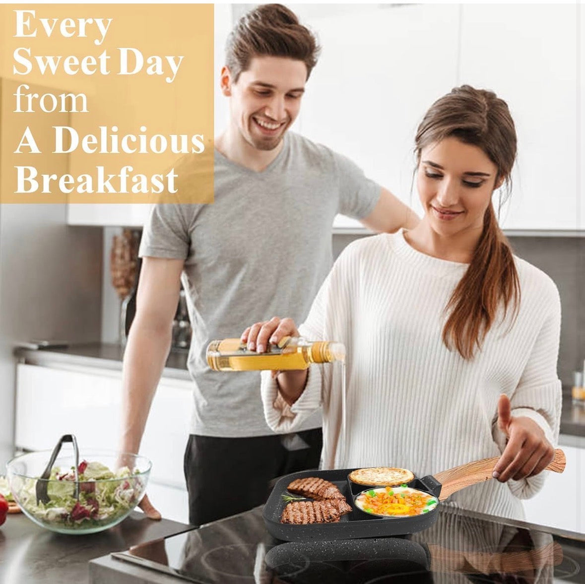 3 In 1 Non-Stick Egg Frying Pan with Detachable Wooden Handle | Breakfast Cooking Pan