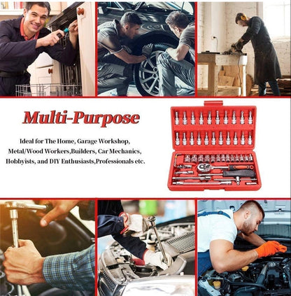 46 in 1 Car Repair Tool Kit with Quick Release Ratchet Wrench | Chrome Vanadium Socket Set