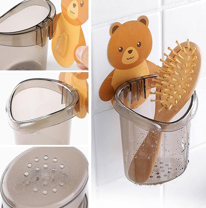 Cute Bear Wall Mounted Storage Holder – Multi-Purpose Bathroom & Kitchen Organizer | Self-Adhesive Drain Cup for Brushes, Toothbrush, Sponges (4 PCS SET)