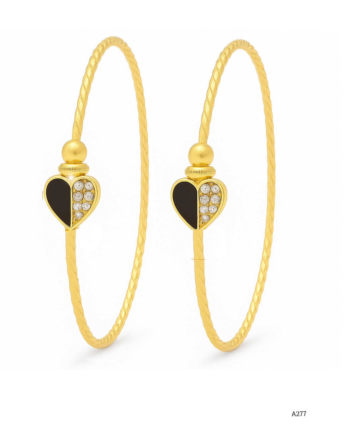 Heart Design Gold-Tone Bangles – Black & Stone Detailing (Pair)