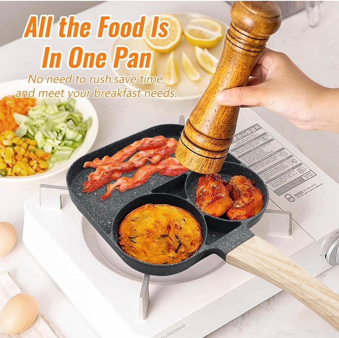 3 In 1 Non-Stick Egg Frying Pan with Detachable Wooden Handle | Breakfast Cooking Pan