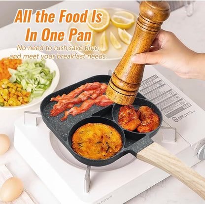 3 In 1 Non-Stick Egg Frying Pan with Detachable Wooden Handle | Breakfast Cooking Pan