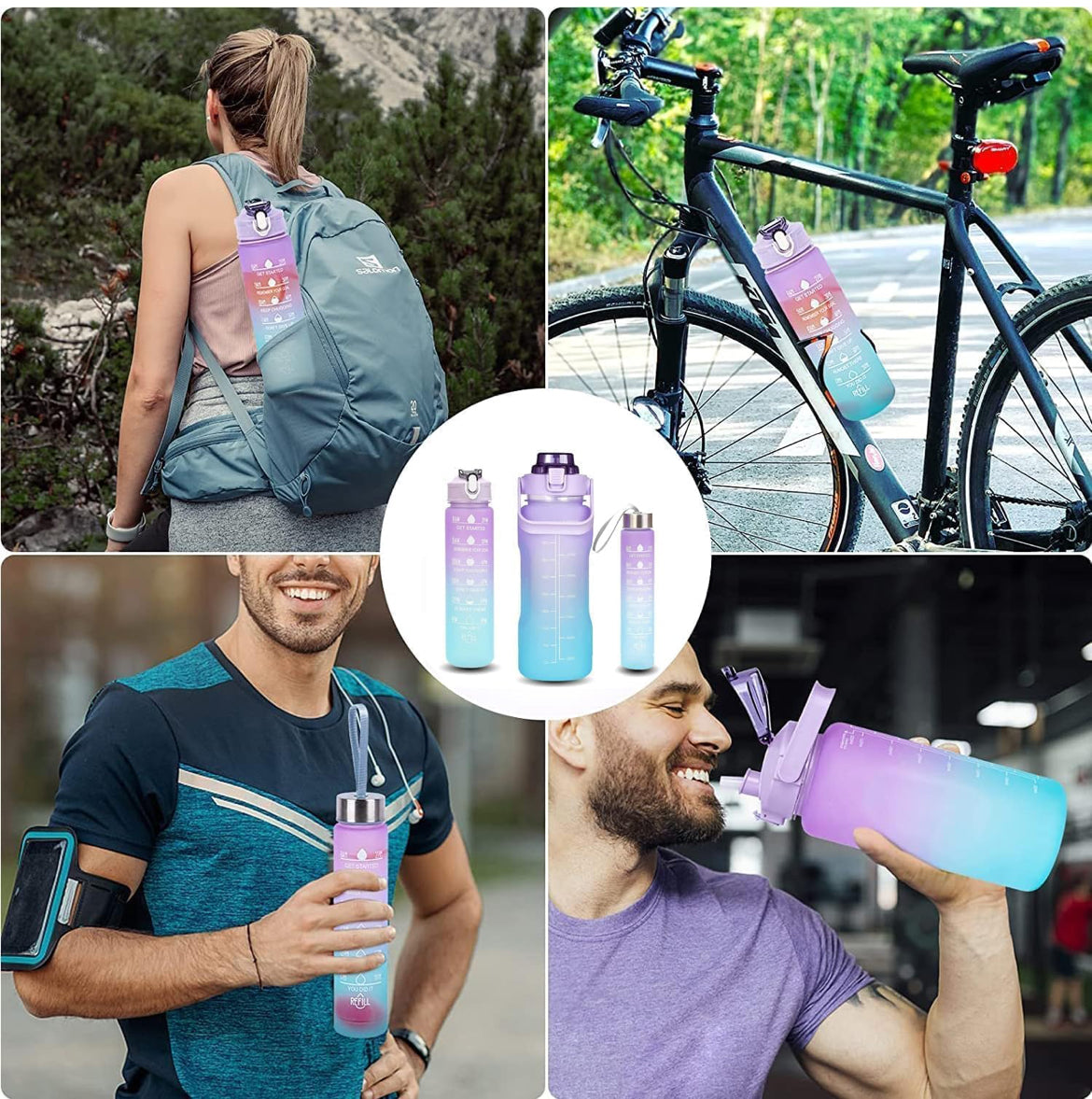 3-in-1 Gradient Water Bottle Combo – Motivational Time Marker, Leakproof, BPA-Free