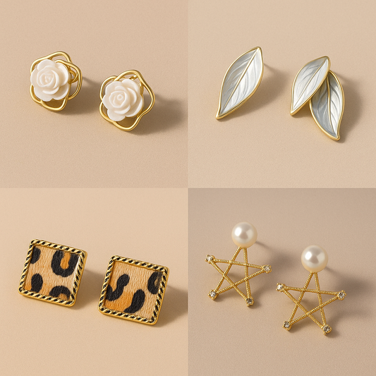 Combo Pack of 4 Stylish Earrings for Women & Girls – Floral, Leaf, Leopard & Star Design