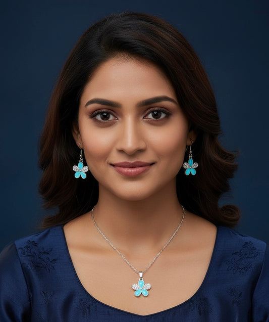 Blue Flower Pendant Necklace & Earrings Set – Silver-Tone Fashion Jewelry