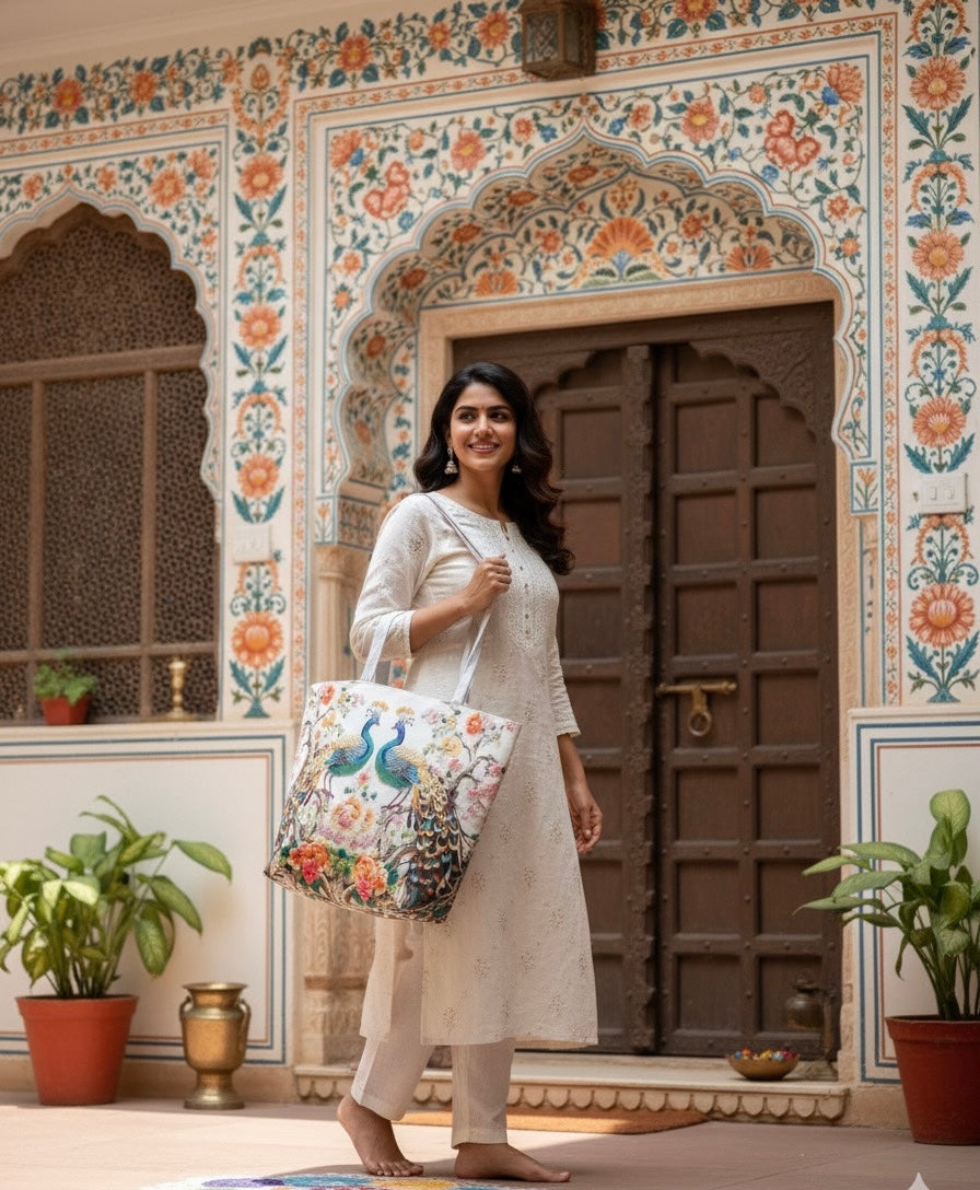 🦚 Imperial Peacock & Floral Embroidery-Style Tote Bag