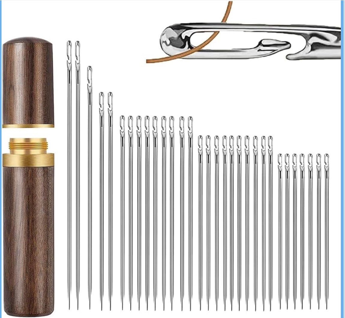 Self-Threading Needles Set (30 pcs) | Quick Threading Sewing Needles With Wooden Storage Case | Easy Thread, Stainless Steel Quilting Needles