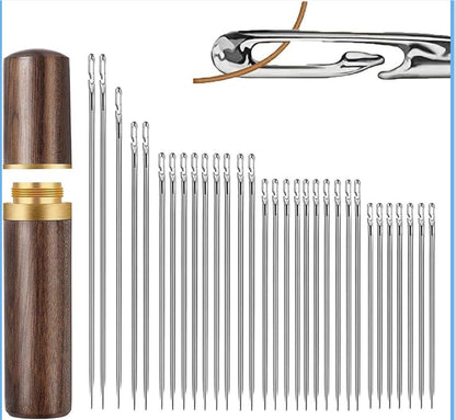 Self-Threading Needles Set (30 pcs) | Quick Threading Sewing Needles With Wooden Storage Case | Easy Thread, Stainless Steel Quilting Needles