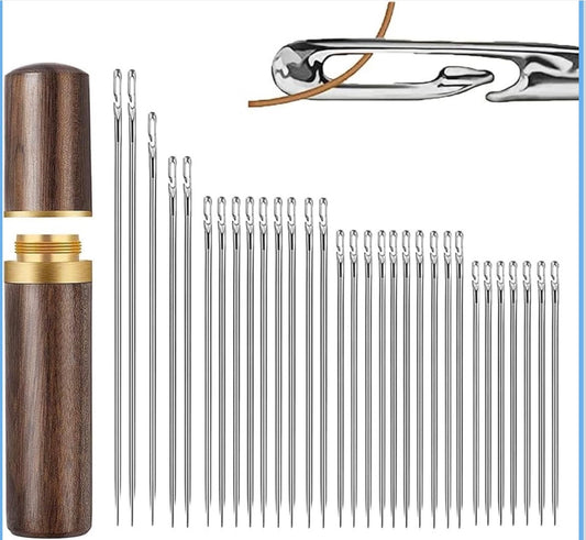 Self-Threading Needles Set (30 pcs) | Quick Threading Sewing Needles With Wooden Storage Case | Easy Thread, Stainless Steel Quilting Needles