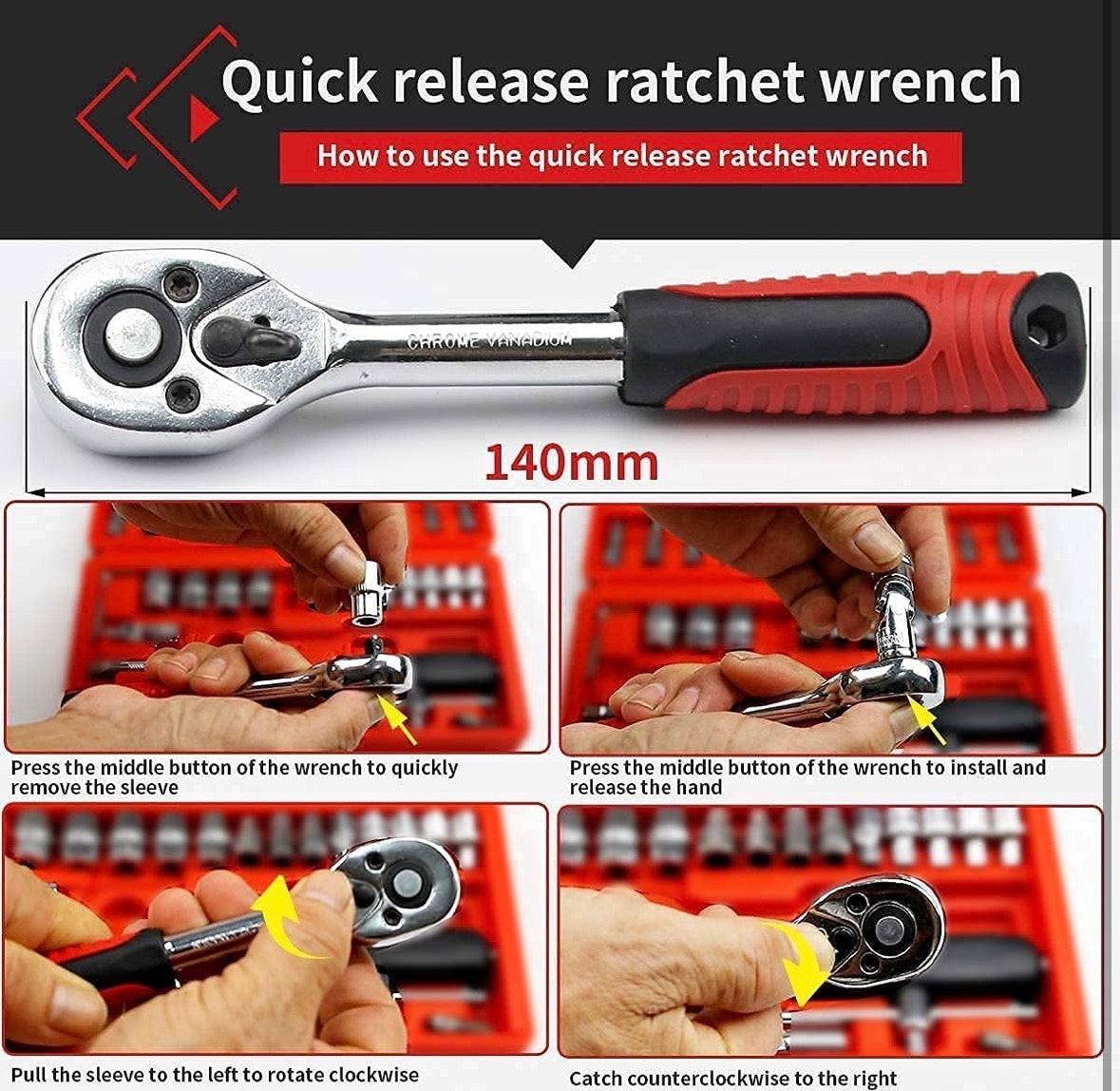 46 in 1 Car Repair Tool Kit with Quick Release Ratchet Wrench | Chrome Vanadium Socket Set