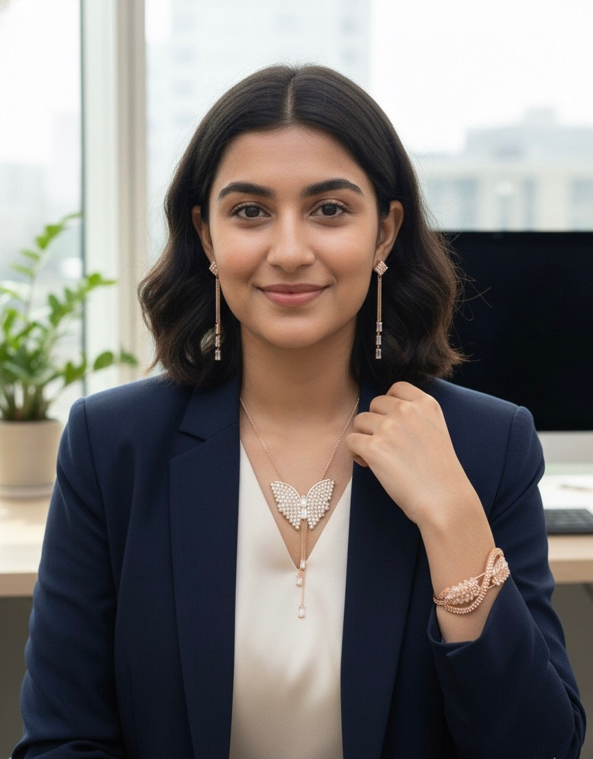 Luxury Butterfly Jewelry Set – Necklace, Earrings & Bracelet (Silver / Rose Gold)