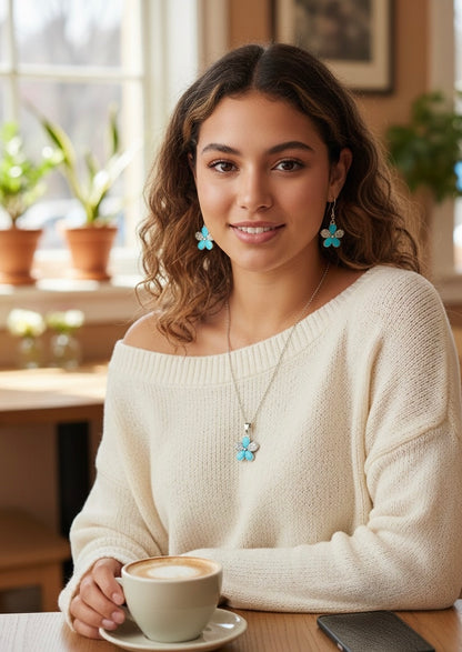 Blue Flower Pendant Necklace & Earrings Set – Silver-Tone Fashion Jewelry