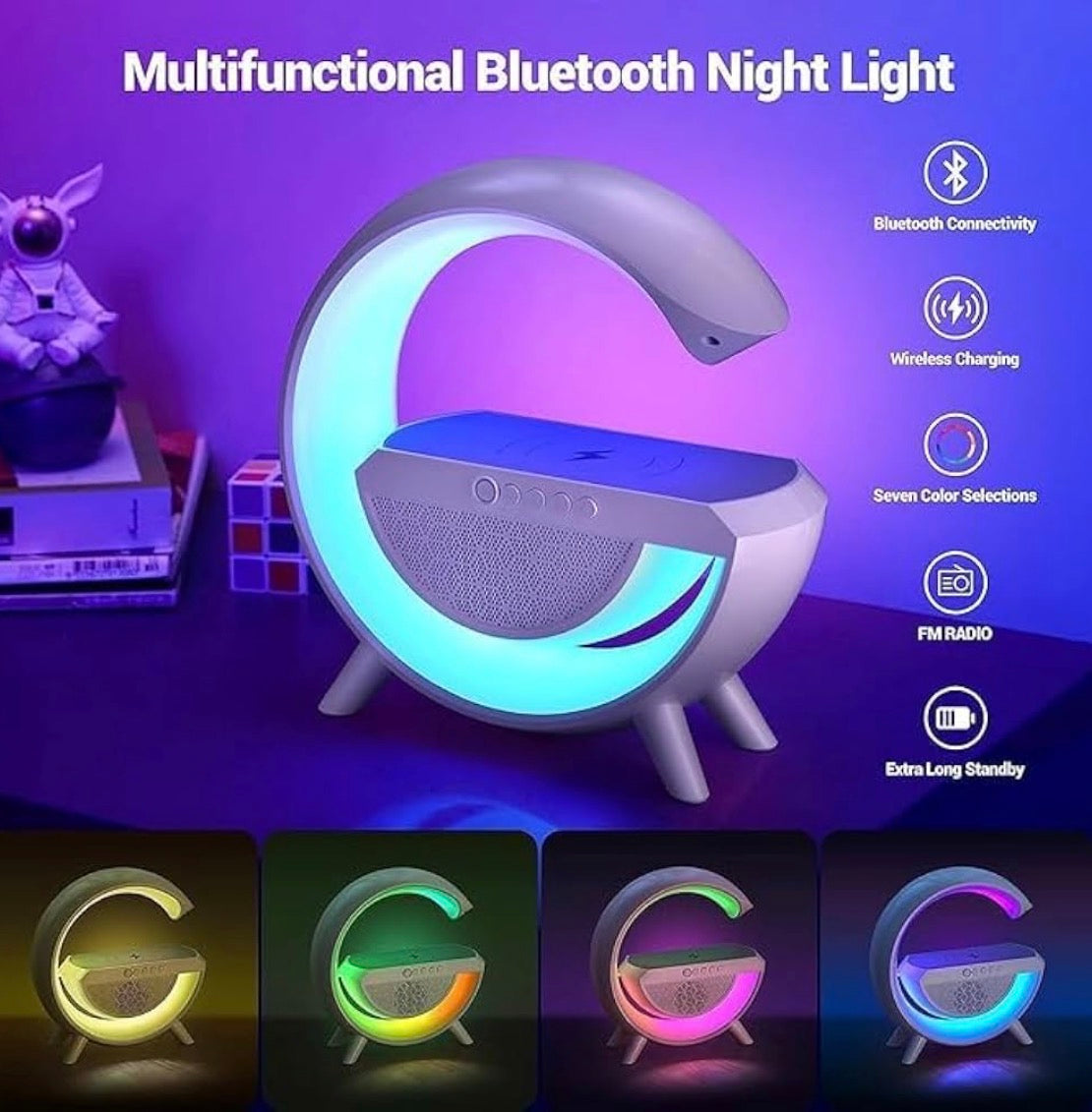 G-Shape LED Wireless Charging Speaker Lamp | 4-in-1 Bluetooth Night Light with Wireless Charger