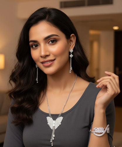 Luxury Butterfly Jewelry Set – Necklace, Earrings & Bracelet (Silver / Rose Gold)