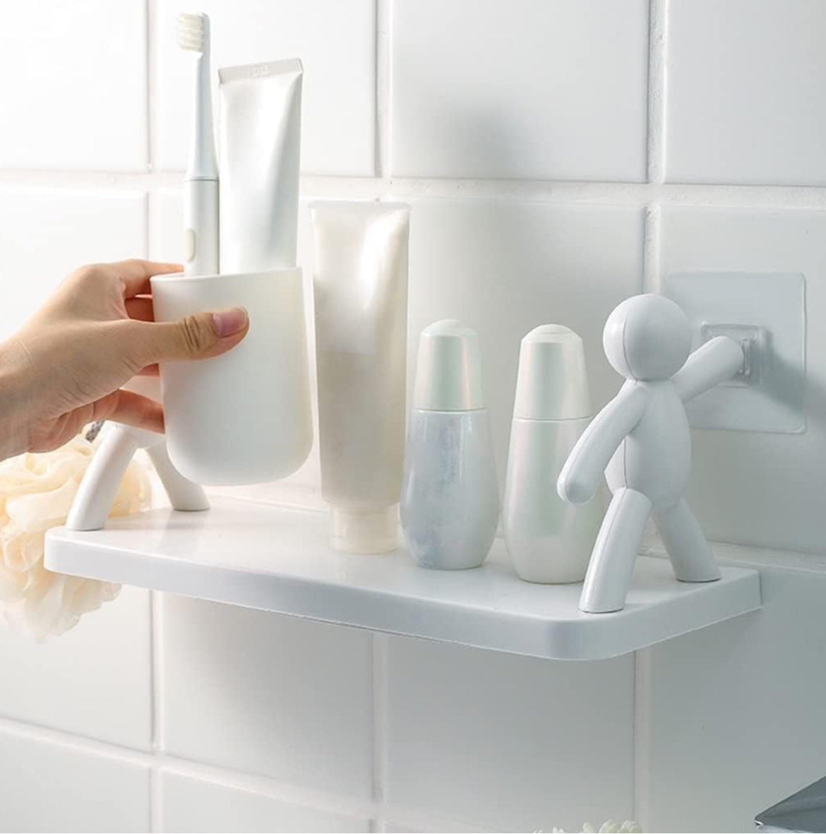 Wall Mounted Adhesive Storage Shelf with Cute Figure Holders for Kitchen & Bathroom (2 PCS SET)