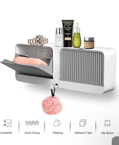 Wall Mounted Double Bar Soap Dish | Self-Draining Bathroom Organizer | Adhesive Storage Box with Cover & Hook