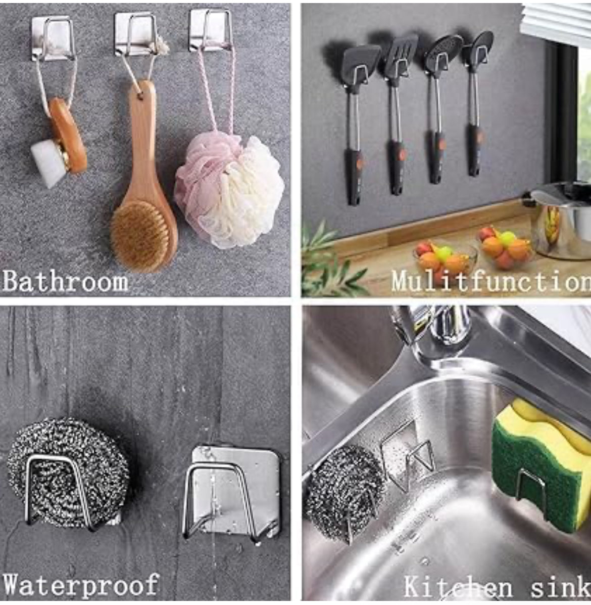 Stainless Steel Adhesive Sink Sponge Holder & Multipurpose Wall Hook (4 PCS SET)
