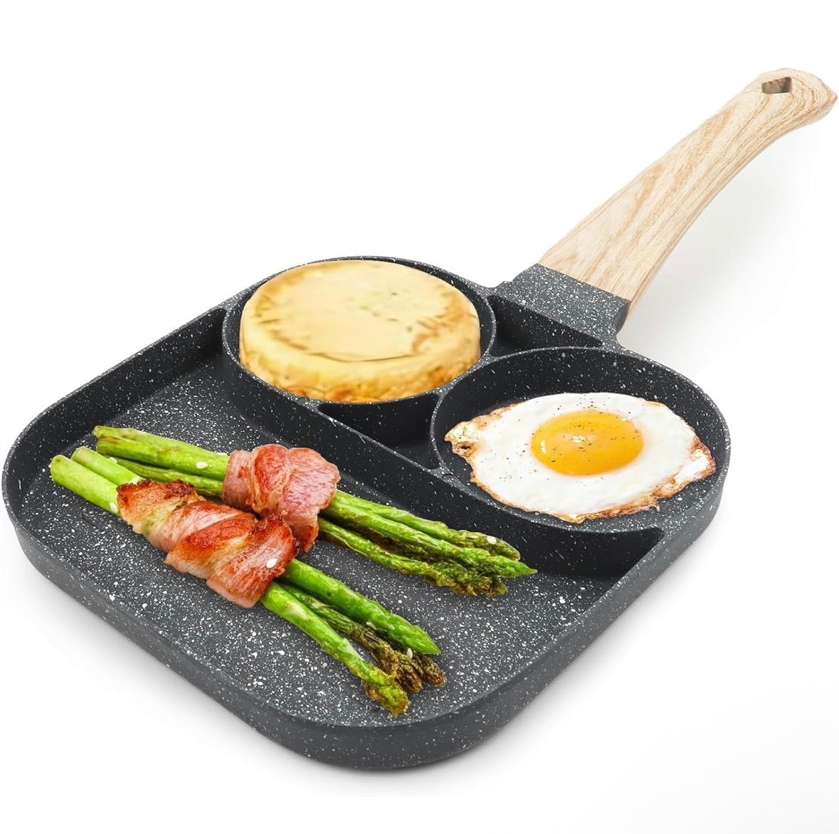 3 In 1 Non-Stick Egg Frying Pan with Detachable Wooden Handle | Breakfast Cooking Pan