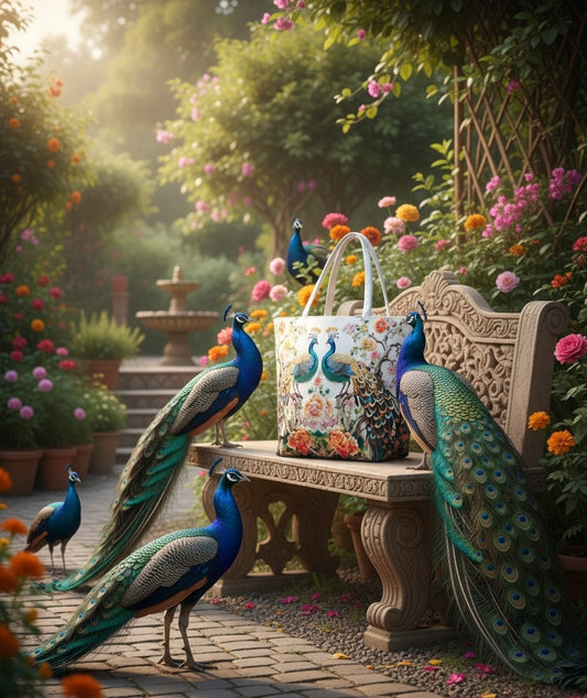 🦚 Imperial Peacock & Floral Embroidery-Style Tote Bag